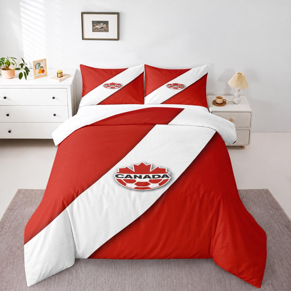 Canada Soccer Crest Bedding set (1 duvet cover, 2 pillowcases, duvet not included), Red Maple Leaf Football Emblem Diagonal Stripe Art Print