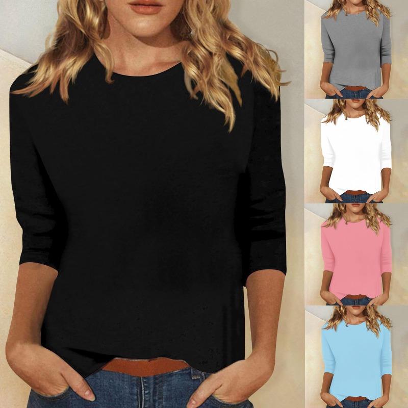T-shirt uni à col rond et manches 3/4 pour femme - Haut décontracté à coupe ample