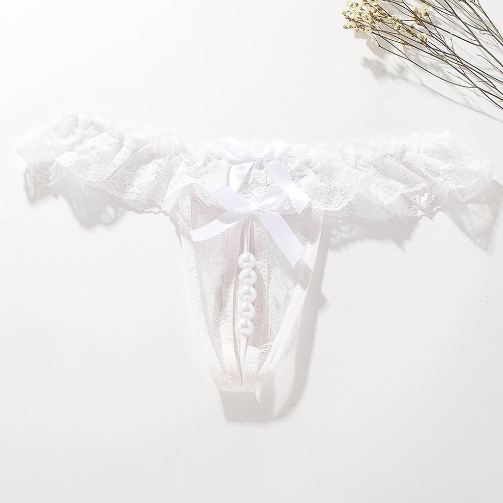 Women Lace Open Crotch Thong Hollow Out Sexy Pearl Massage Transparent Lace Panties Low Waist Sexy Lingerie T-Back Porn G-String