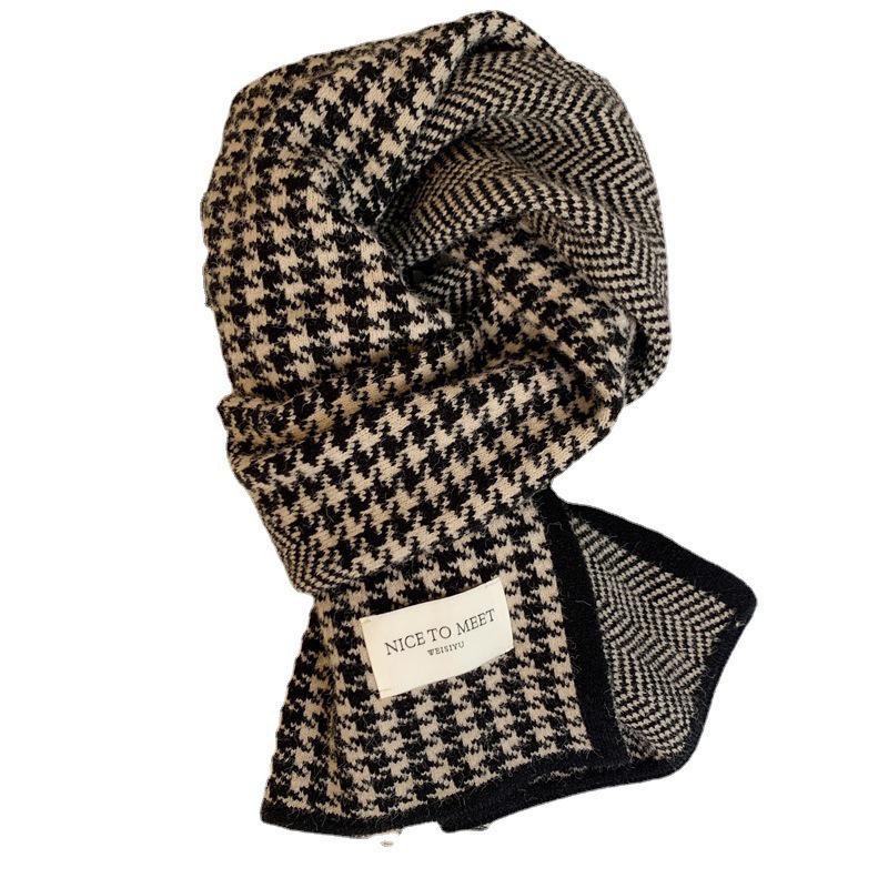 Korean-Style Houndstooth Knitted Round Neck Scarf - Warm, Versatile, Trendy Autumn/Winter Accessory