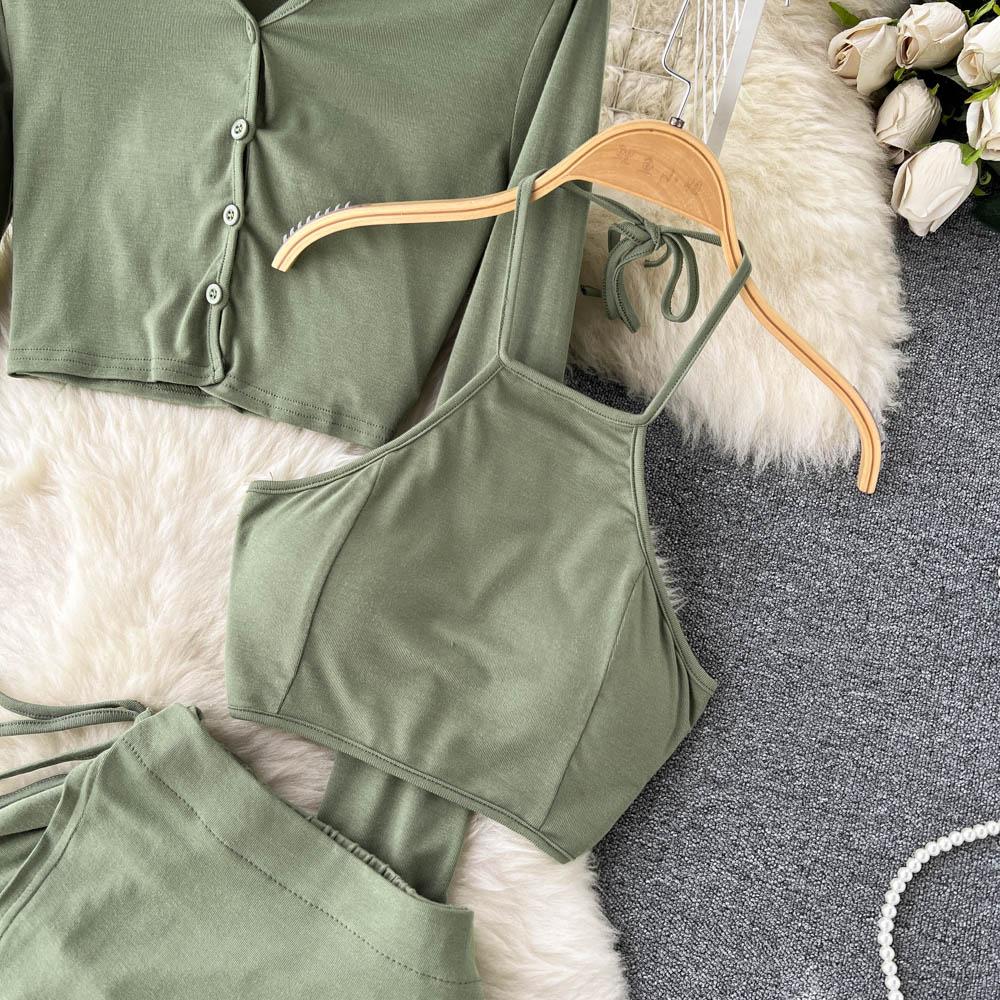 Three-Piece Suit Women's Autumn Halter Neck Small Suspenders Long-Sleeved Cardigan Shirt High Waist Slit Long Skirt