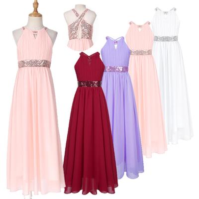Fete, fără mâneci, paiete, rochie de domnișoară de onoare, până la podea, din șifon, pentru petrecere, rochie de seară formală, rochie de bal de bal pentru copii