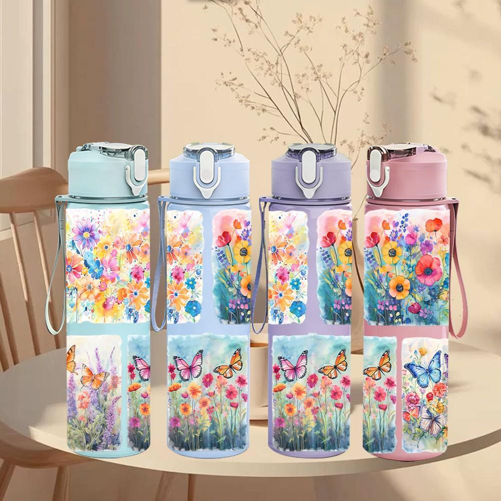 1PC Boho Mixed Wild Flower Pattern Print 750ml Color Plastic Sports Water Bottle Leakproof Flip Straw Lid Suitable for Sports Office Home Use
