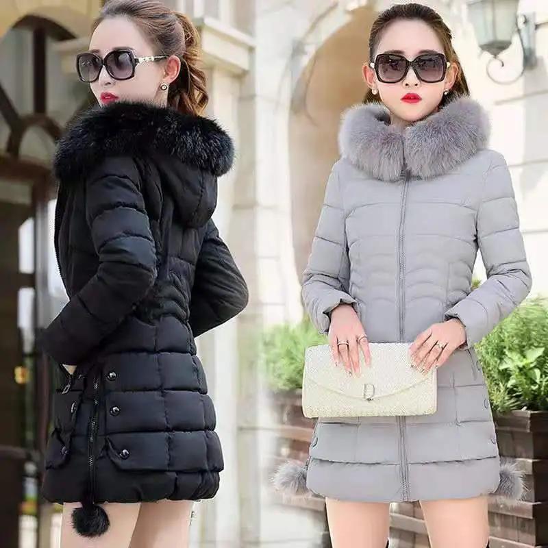 

Winter Women Jacket Parka Big Collar Hooded Thick Warm Female Coat Casual Outwear European Fashion Black Female Tops