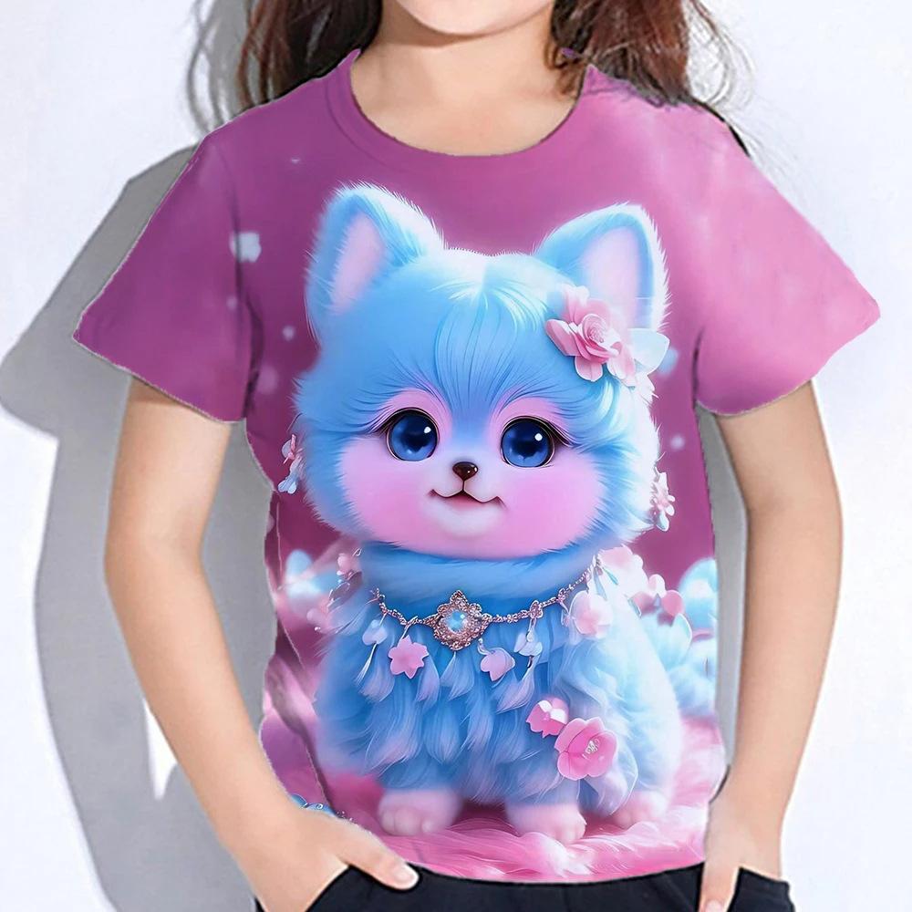 Summer Round Neck 3D Cute Cat Printed Top Fashionable Casual Short Sleeved Children's Girl T-shirts