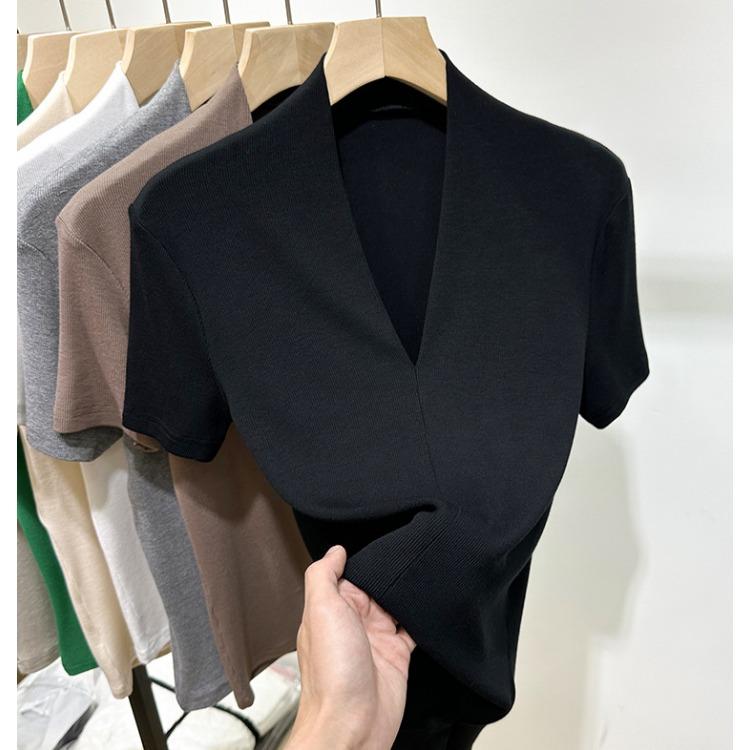 Threaded Fashion V-neck Short-sleeved T-shirt Women's Summer New Slim-fit Half-sleeved T-shirt Top