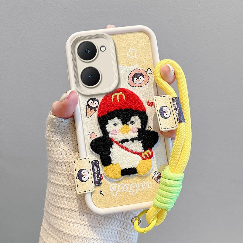 KEYSION Cartoon Cute Plush Embroidery Case for VIVO Y03 Y03t with Lanyard Silicone Shockproof Phone Cover for VIVO Y18 Y28s 5G