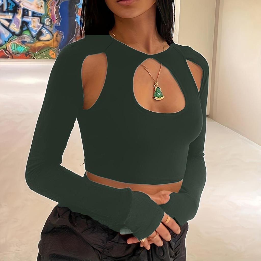 Spring/Summer Streetwear Solid Color Round Neck Long Sleeve Hollow Out Cropped T-shirt