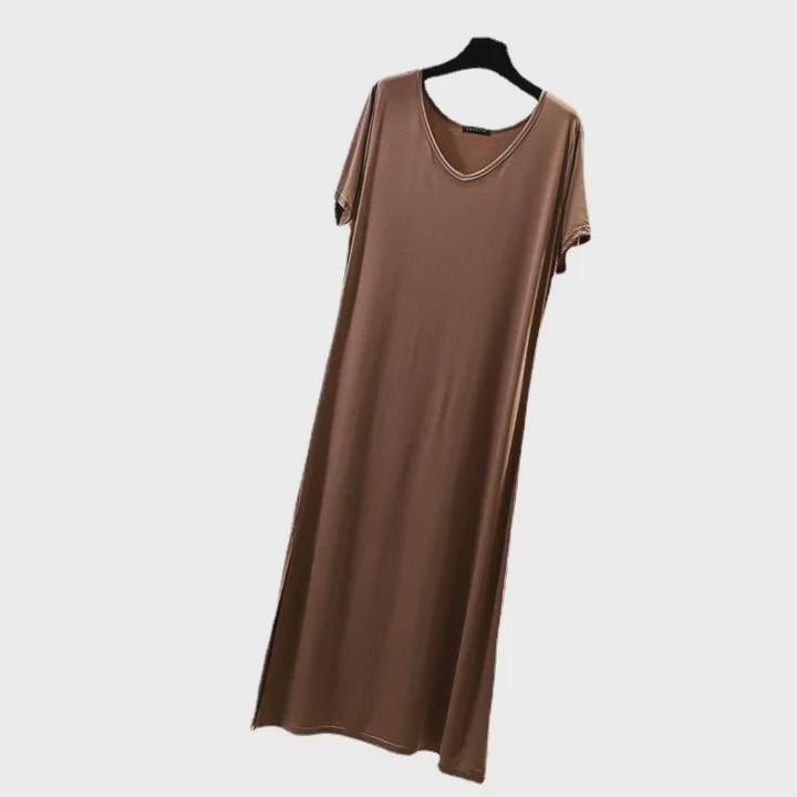 Loose V-Neck Short-Sleeve Modal Nightdress for Plus-Size Women - Spring/Summer Long Slit Skirt Style