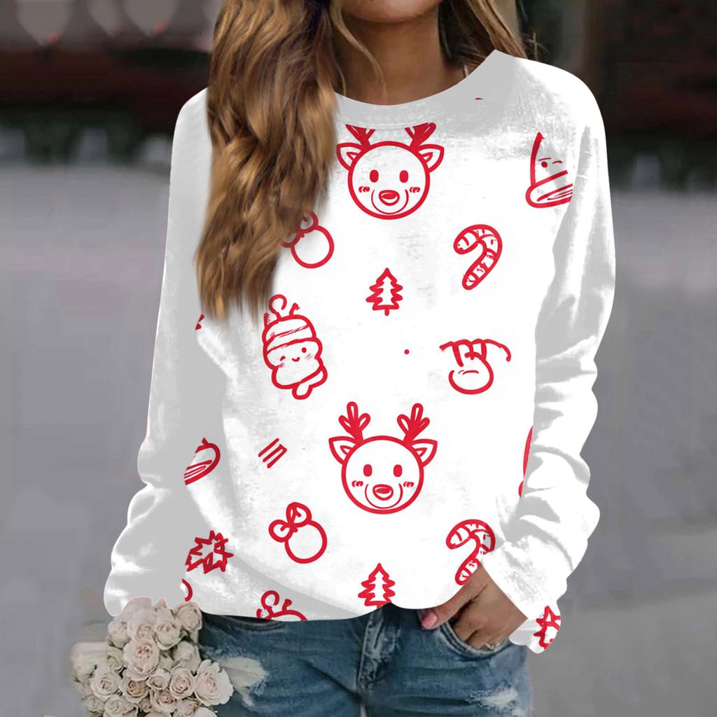 Women's Fashion Casual Long Sleeve Christmas Printed  Neck Sweatshirt Top