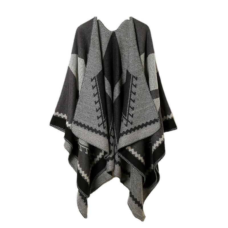 Thickened Split Shawl Fringed Scarf Women'S Knitted Cape Plaid Travel