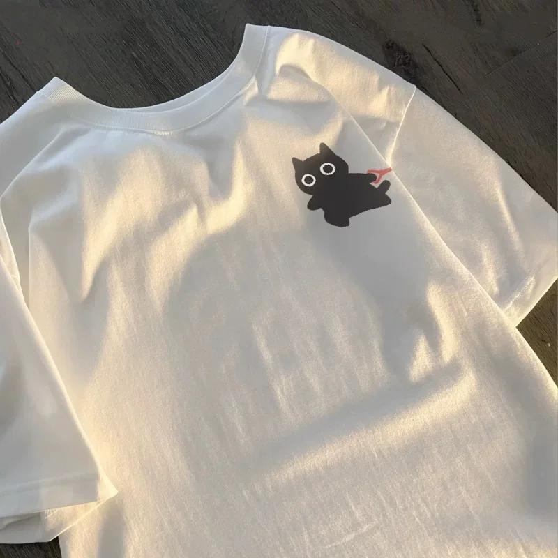 Cat Dog and Mobile Phone Print Women Round Neck Short Sleeve Soft Comfortable Streetwear Summer Fashion Women Clothes