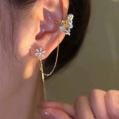 Neue Mode Niedliche Kristall Schmetterling Ohr Manschette Clip Ohrringe für Damen Charme Quaste Kette Blume Stecker Ohrring Braut Luxus Schmuck