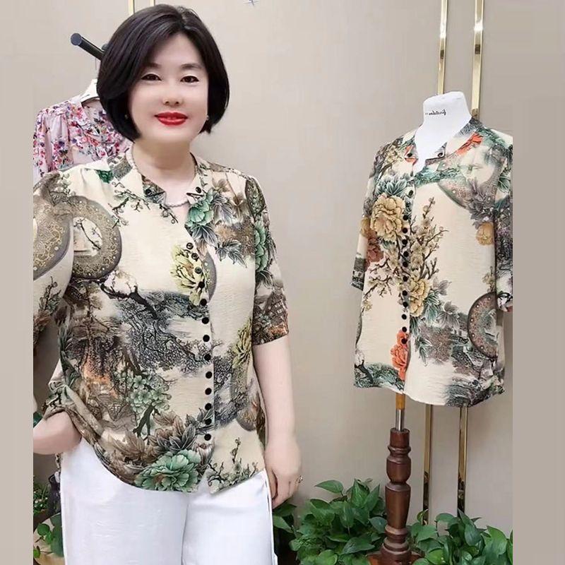 Women's Silk Blouse Summer Loose Floral Plus-Size Shirt V-Neck Printed Silk Shirt