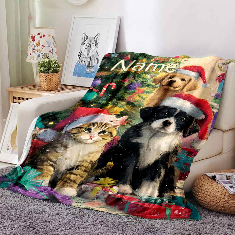 Custom Name Christmas Dog Theme Printed Blanket - Perfect for Couch, Bed, Travel & Outdoor Use | Machine Washable, Cozy & Durable.