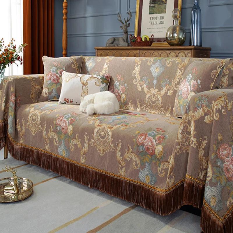 European Jacquard Sofa Cover Tassel Lace Edge Couch Cover Protector Anti-Slip Sofa Cover Chenille Anti Cat Scratch Sofa Cushion