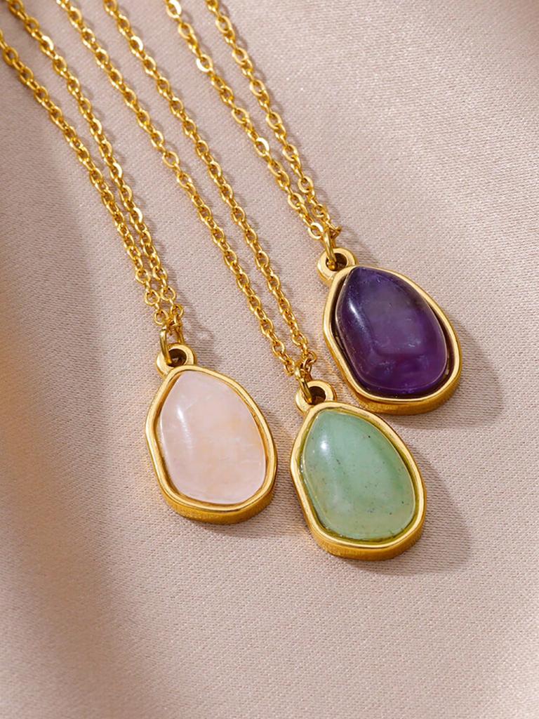1pc Women's Stainless Steel Asymmetrical Purple Natural Stone Pendant Necklace, Fashion Accessory For Daily Wear