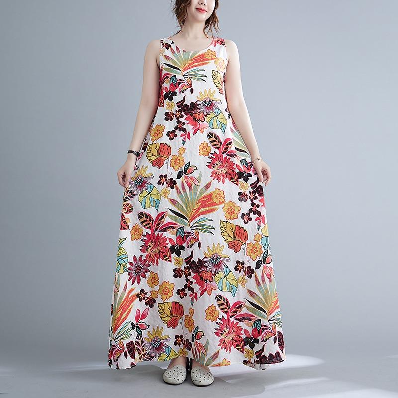 Summer Fashion Dress Women Loose Print Sleeveless Cotton Linen Dress Women's Vest Camisole Dresses