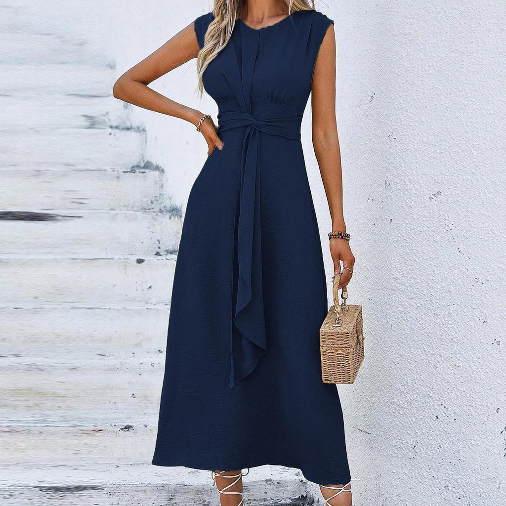 Women's Fashion Casual -Color Waist-Tied Long Sleeveless Dress