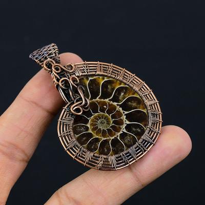Ammonit Fossil Edelstein Ren Kobbertråd Innpakket Designer Håndlagde Anheng smykker For henne