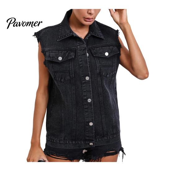 Women Sleeveless Vest Demin for Summer, Button Down Casual Jean Top Jacket, Frayed Lapel Waistcoat with Pockets XS