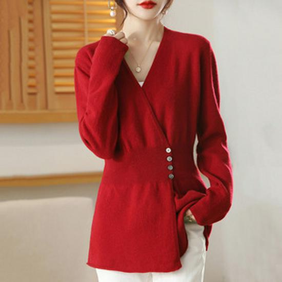 Autumn/Winter 2021 Long-Sleeve Square Collar Knit Wool Dress for Women - Knee-Length