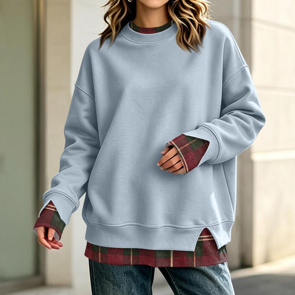 Women's Long Sleeve Mock Two-Piece Sweatshirt Loose Fit Casual Pullover