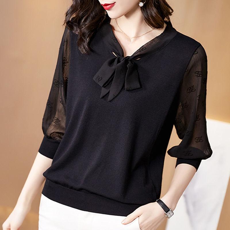 Large Size Chiffon T-shirt Women's Loose Medium Sleeve Top Shirt Base Shirt