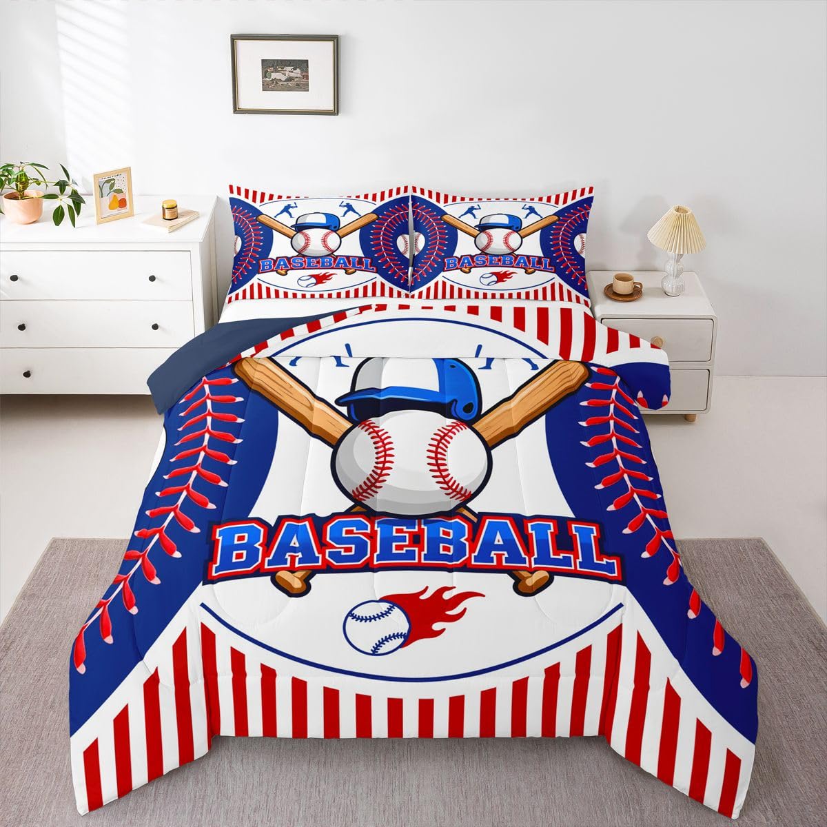 

Erosebridal Boys Baseball Comforter Set Twin Size - Sports Theme Baseball Bedding Sets for Kids Teen Girls, Red Black White Patchwork Quilt, 155x200cm