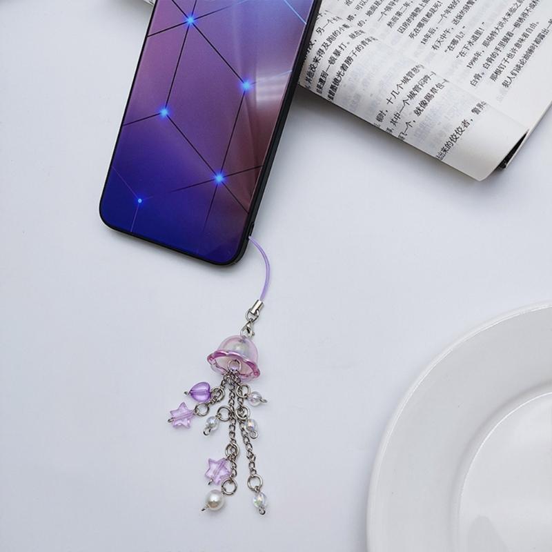 Cute Bead Pendant Phone Chain Y2K Style Fashion Purple Fringe Heart Star Bead Phone Lanyard for Girls Women Backpack