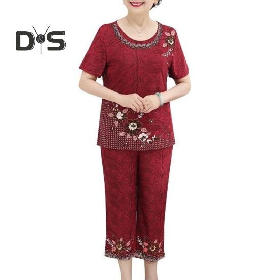 

Комплект из 2 предметов: футболка, брюки, летний костюм для бабушки с коротким рукавом и круглым вырезом, элегантный цветочный принт, дышащий, высокоэластичный, для пожилых женщин, для мам, укороченные брюки 3XL красный