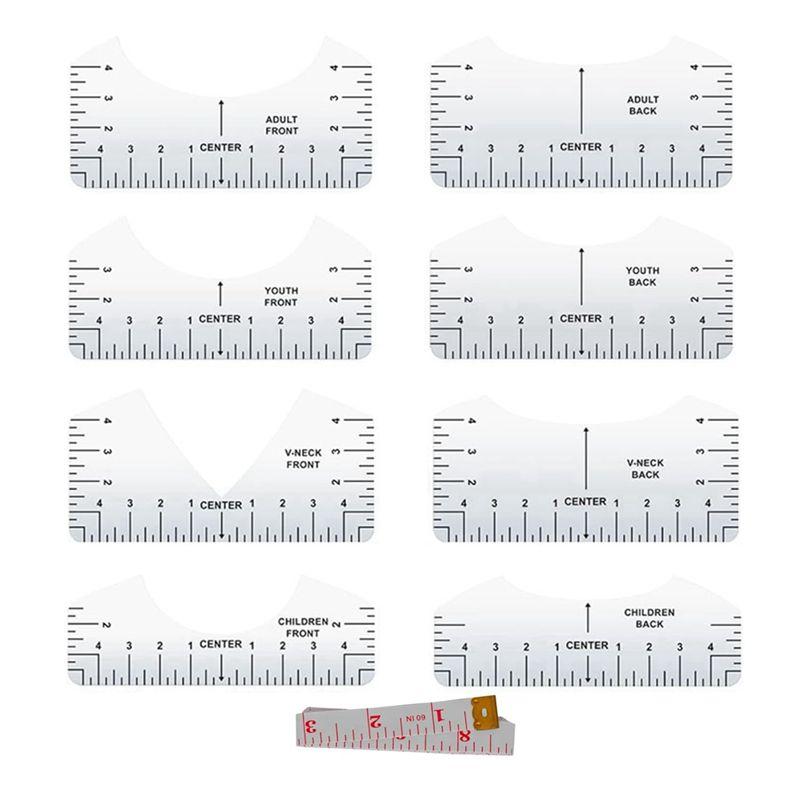 

AEE2-9Pcs Tshirt Ruler Guide To Center Vinyl, Transparent V-Neck/Round PVC Ruler For Alignment, Heat Press