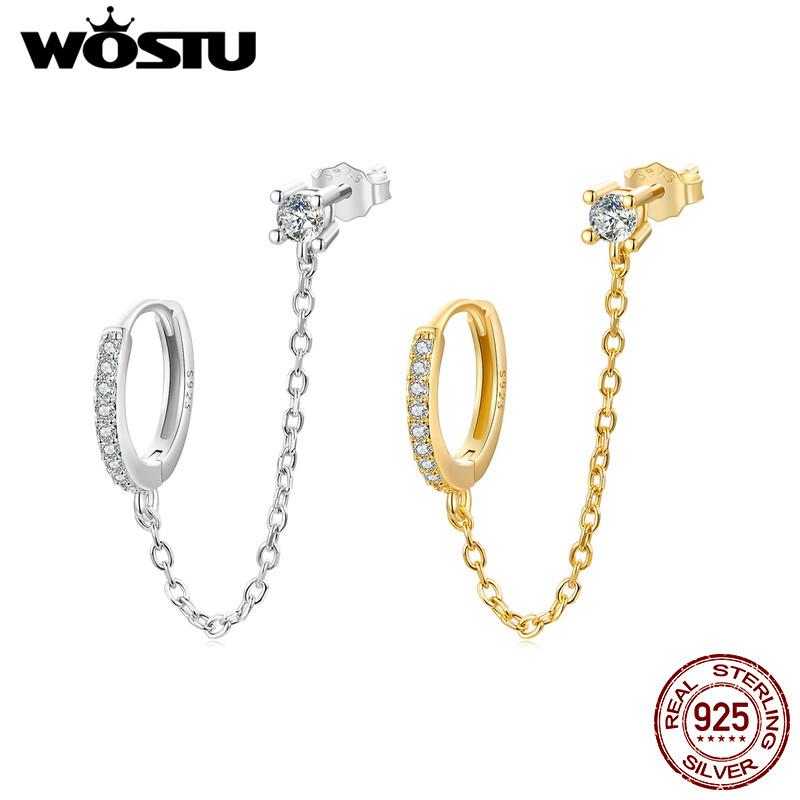 WOSTU 925 Sterling Silver Wedding Zircon Ear Stud Clip For Women Simple Shiny CZ Ear Buckle Earrings Party Pendiente Accessories