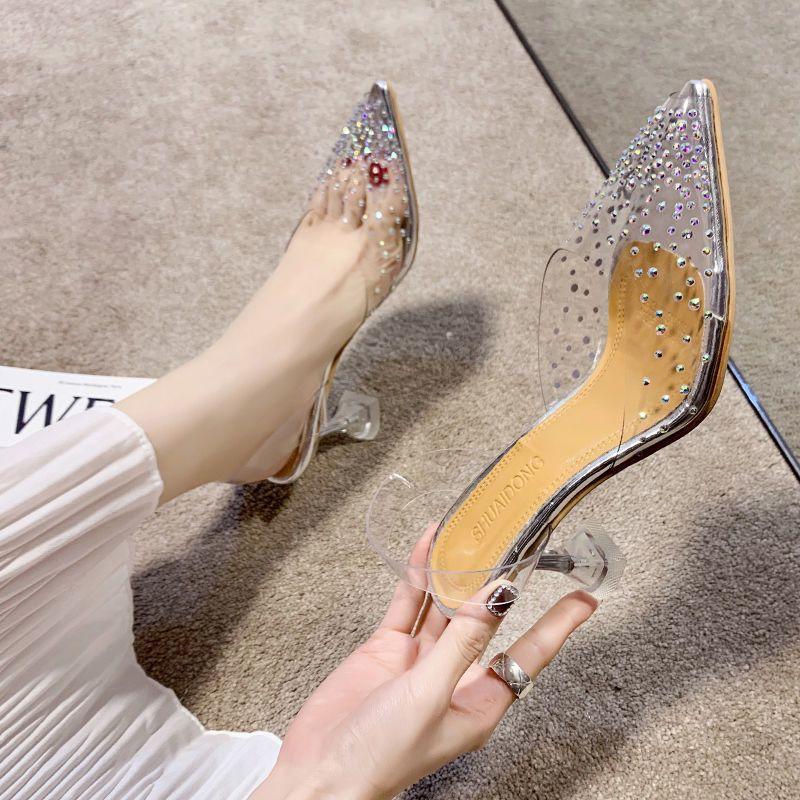 Summer new fairy wind crystal and rhinestone bag head single shoes socialite banquet high heel pointed transparent sandals woman