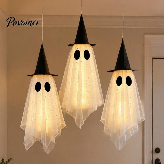 Garden Haunted House Accessories 3 Pcs Halloween Hanging Ghost Decoration, Spooky Large Mesh Easy Storage Props with Witch Hat for Porch, Yard,
