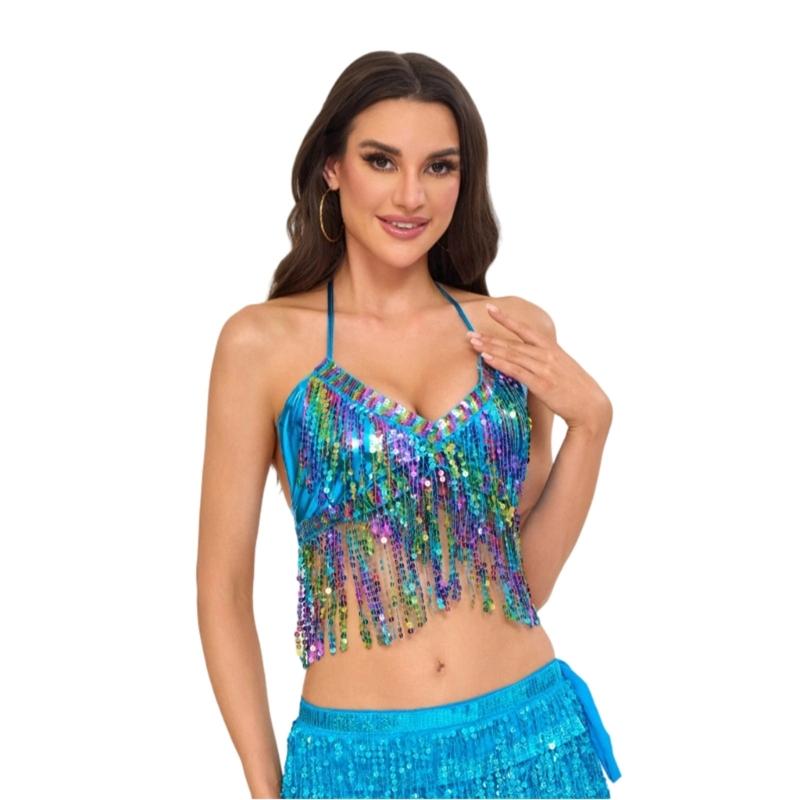 Belly Dance Bandage Glitter Bra Top with Chest Pad Women Belly Dance Costumes for Cosplay Halloween Performances Stage