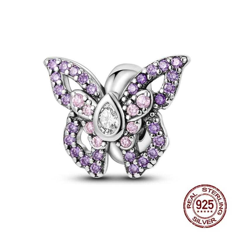 925 Sterling Silber Lila Perlen Blume Schmetterling Hänge Charm Passend 4MM Lochdurchmesser Armband Halskette 925 Schmuck Geschenkherstellung