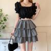 Black and White Check Cake Skirt Women's Elastic Waist A-word Ruffle Edge Pleats Puffy Skirt Sexy Sweet Gothic Preppy Style Spring Summer