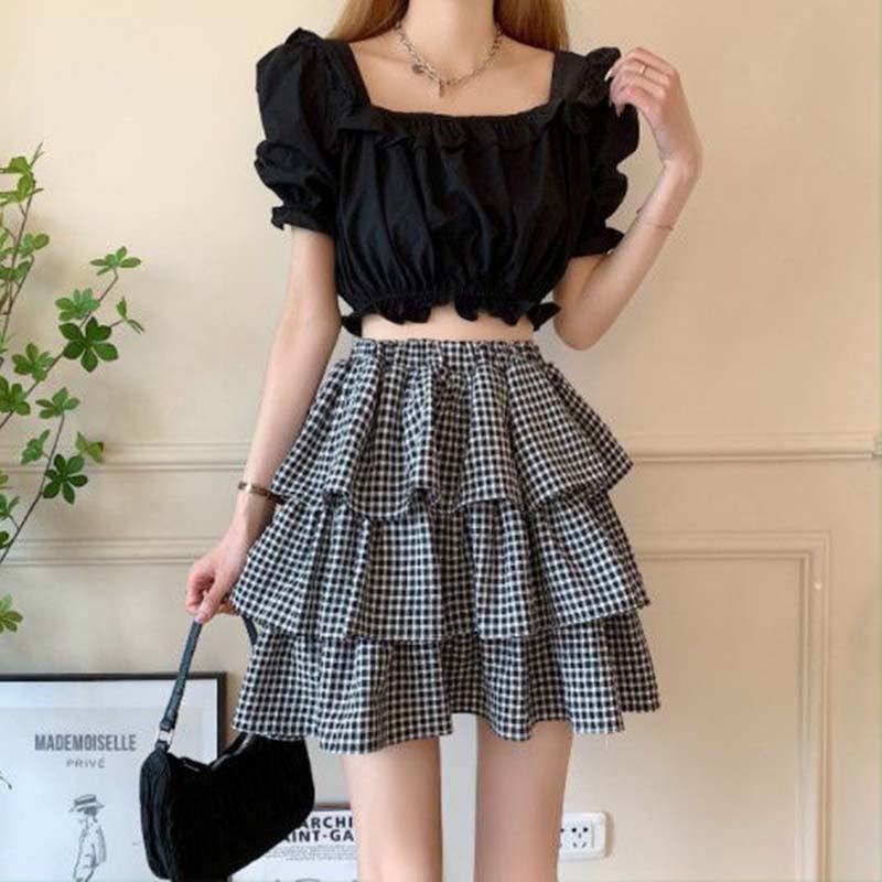 Black and White Check Cake Skirt Women's Elastic Waist A-word Ruffle Edge Pleats Puffy Skirt Sexy Sweet Gothic Preppy Style Spring Summer