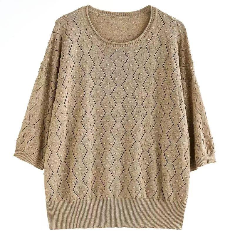 Large Size Knitted Sun Protection Shirt for Spring Summer T-shirt Omen's Artistic Retro Mid Sleeved Woolen Top