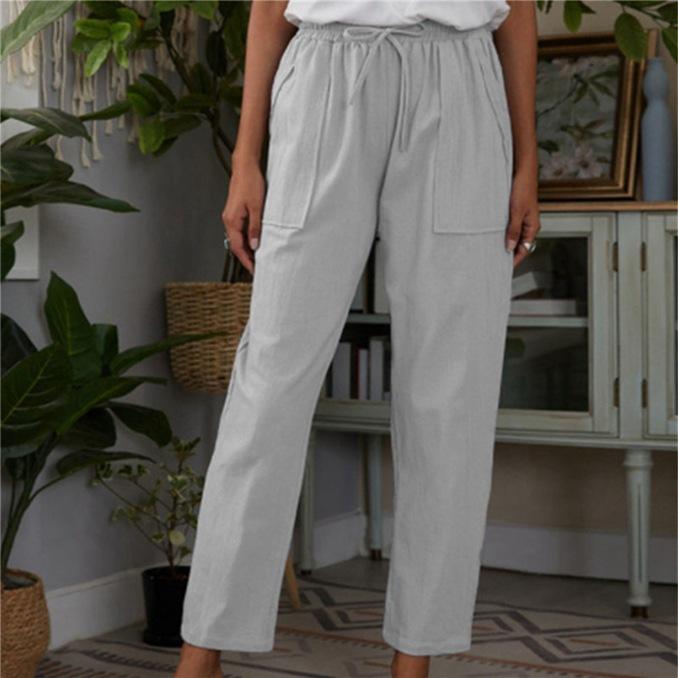 Fashion Women's Cotton Linen Pants Solid Color Pockets Elastic Waist Loose Casual Pants