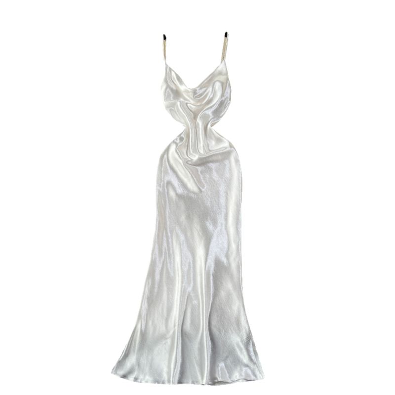 White Dress Women's Summer Dress New Arrival French Gold Style Socialite Elegant Swing Collar Sling Streamer Satin Dress