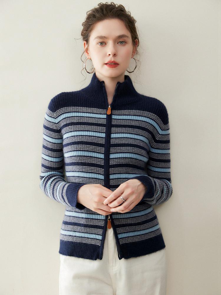 Kaschmir-Strickjacke mit Stehkragen: Bunter gestreifter Strickmantel mit langen Ärmeln für Herbst & Winter