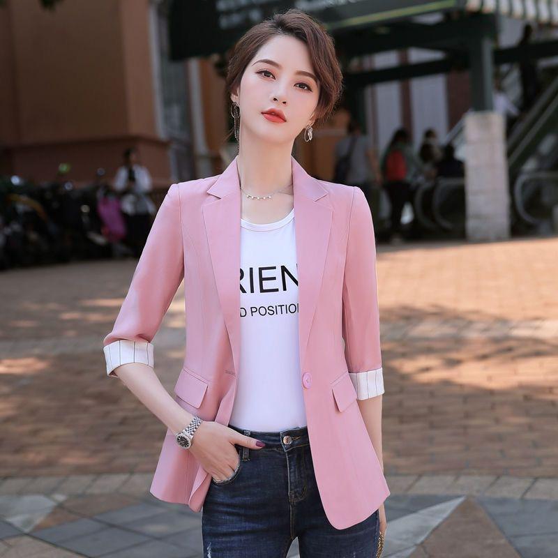 K-style Spring/Summer New Arrival Fashion Commuter Ol Thin Suit Collar One Button Five-Quarter Sleeve Small Business Suit Coat Easiest for Match Women
