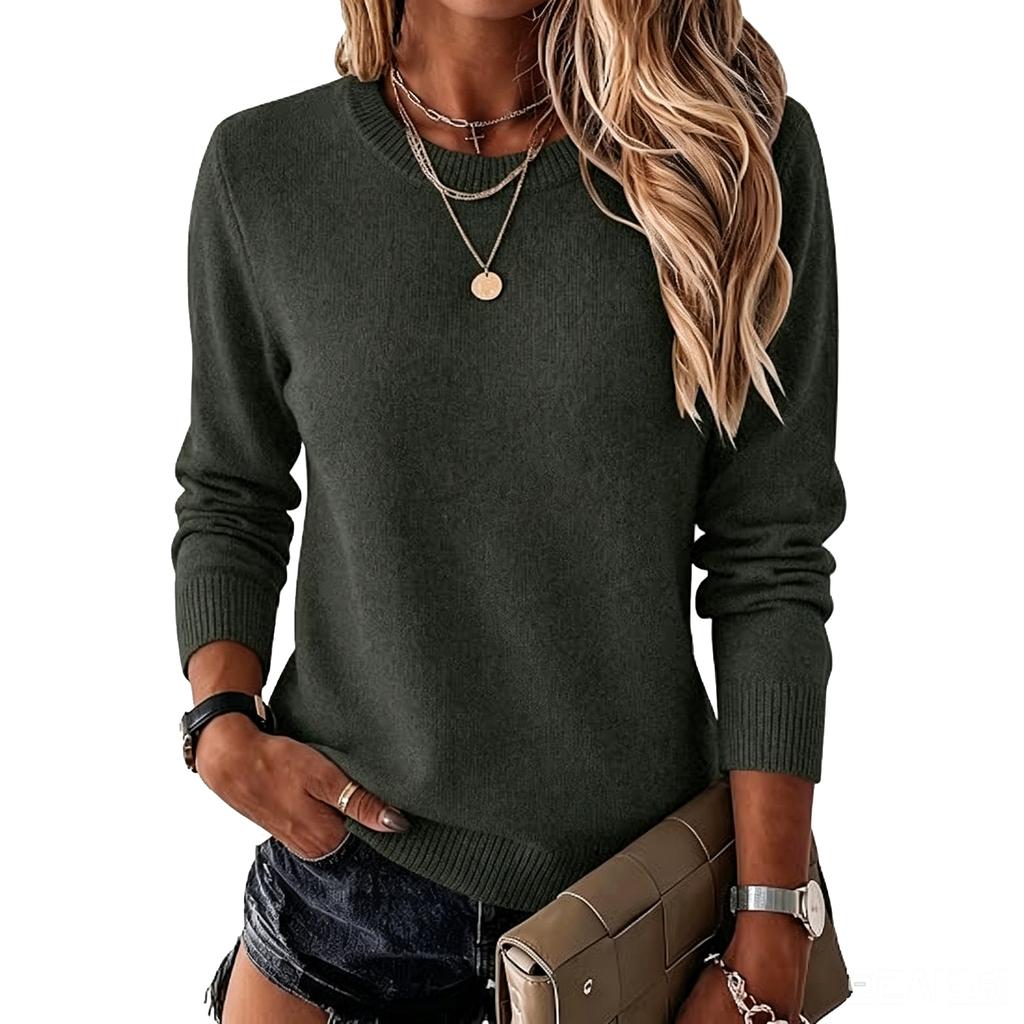 Women's Fashion Crewneck Long Sleeve Knit Sweater Color Versatile Pullover for Fall and Winter