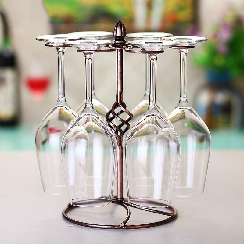 Bronze Metal Home Wine Glass Set with 6 Crystal Stem Wine Glasses Wine Decanter Upside Down Cup Holder