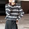 2026 Autumn/Winter Women's Pure Wool Color Block Stripe Loose Knit Cardigan Sweater