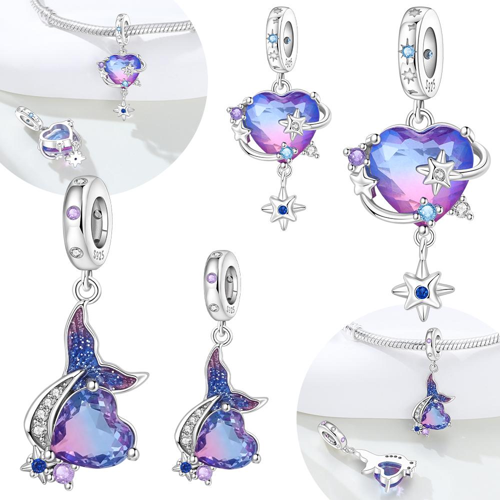 Genuine Charm Copper Love Heart Planet Pendants Purple Mermaid Tail Pendants Bead Fits Bracelets Women Jewellery DoItYourself Gifts
