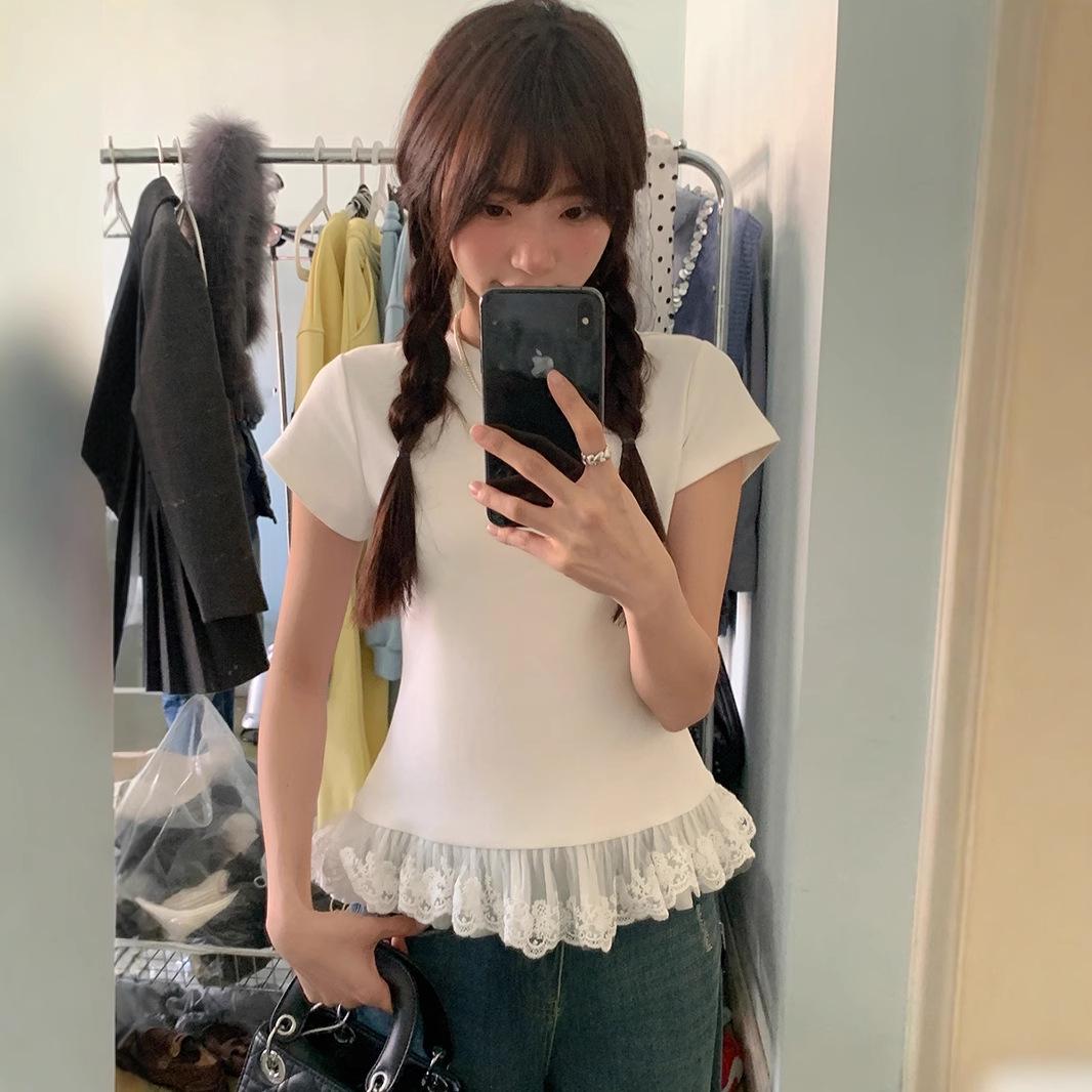 

Женская футболка облегающего кроя с кружевной отделкой и рукавами-буфами - Чистый и сексуальный летний стиль L