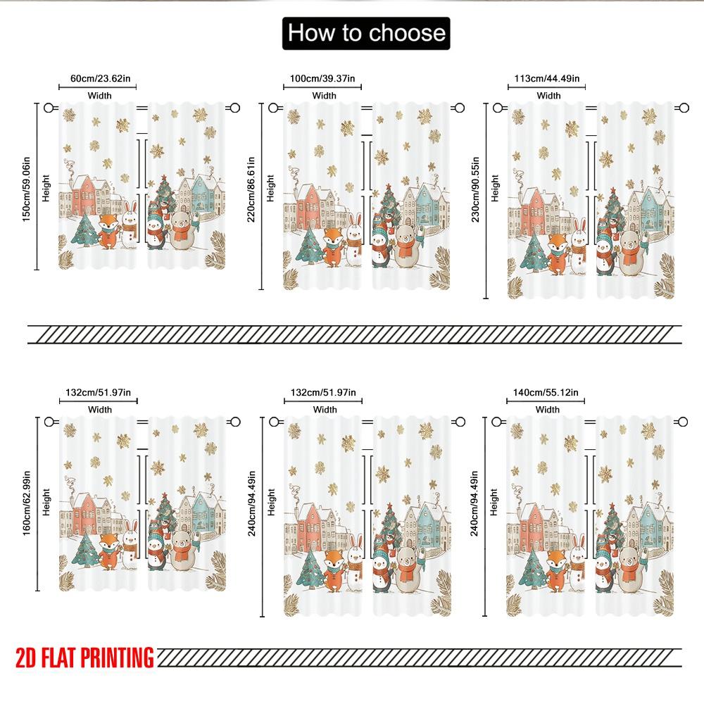 2pcs 2D Flat Printing Merry Christmas Curtains Cute Cartoon Animals Winter Holiday Digital Printed Polyester Drapes Family Party